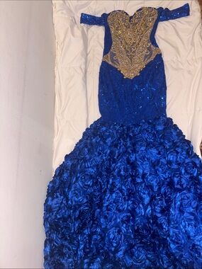Custom made Royal Blue Sequin Rosette Mermaid Dress with Gold Embellished Bodice